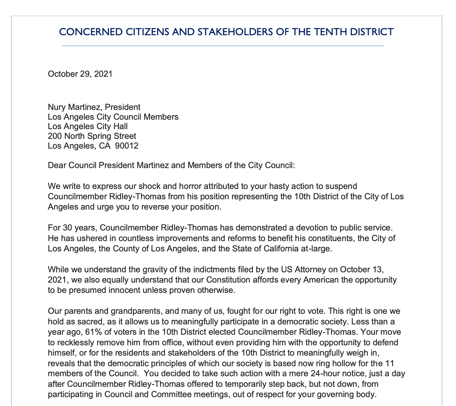 Letter from “Concerned Citizens and Stakeholders of the Tenth District” to Council President and Members of the Council